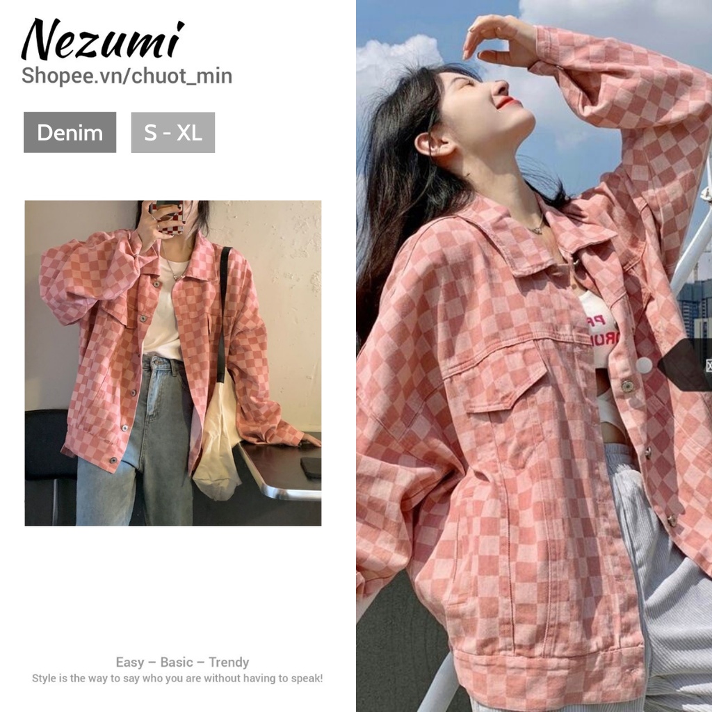 Áo khoác bò denim kẻ caro unisex nam nữ phong cách Hàn Quốc hip hop đường phố