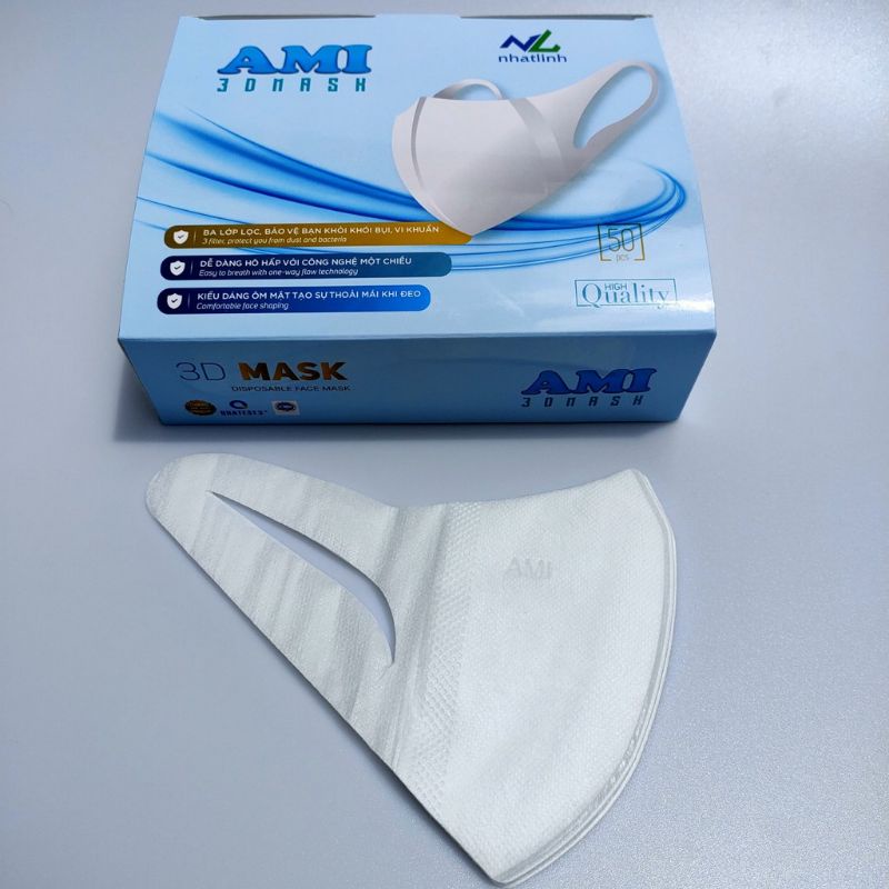 Khẩu trang AMI 3D Mask AMI 3 lớp công nghệ Nhật Bản hộp 50 chiếc mầu TRẮNG