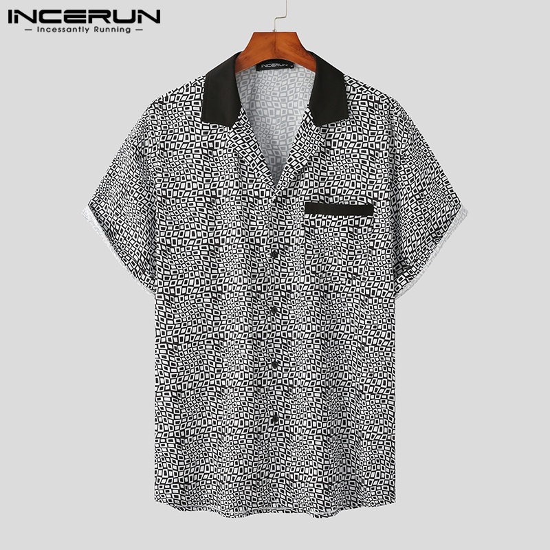 Áo sơ mi INCERUN ngắn tay dáng rộng họa tiết hoa phong cách vintage cho nam