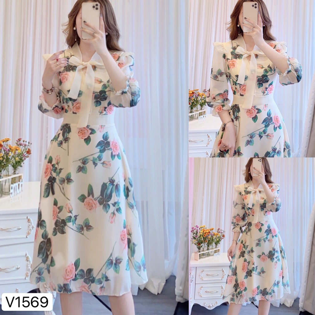 Váy hoa dài tay V1569 - QUEEN SHOP DOLCE VIVA COLLECTION ( ảnh trải sàn do chính tay chị chủ tự chụp)