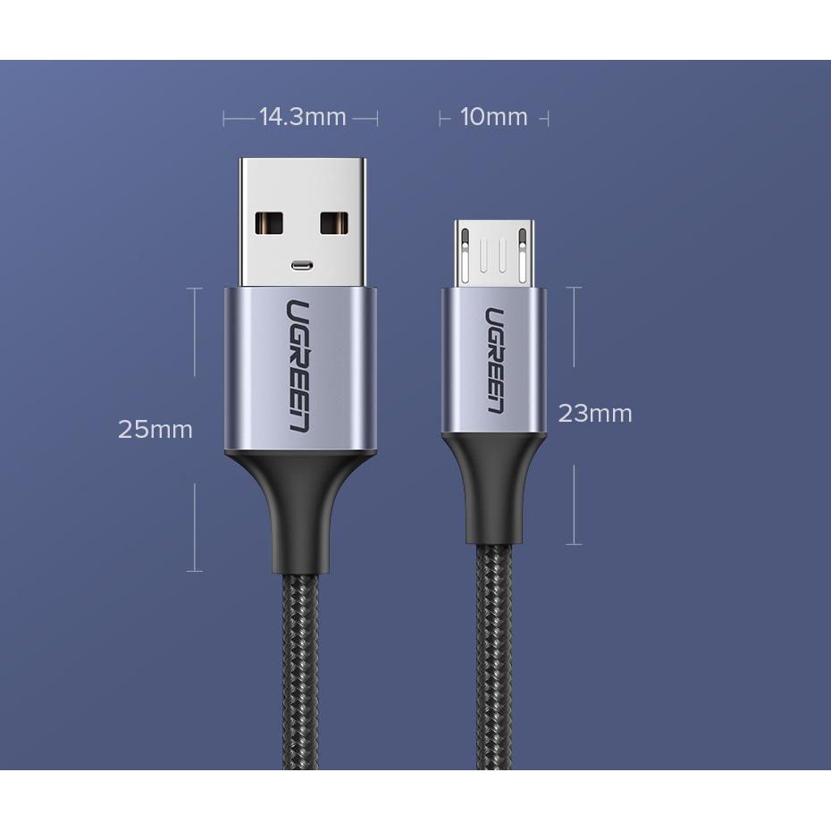 Cáp sạc và truyền dữ liệu Micro USB Ugreen 0.25- 3M, sạc nhanh QC 3.0 3A 5V, dây dù, bảo hành 18 tháng