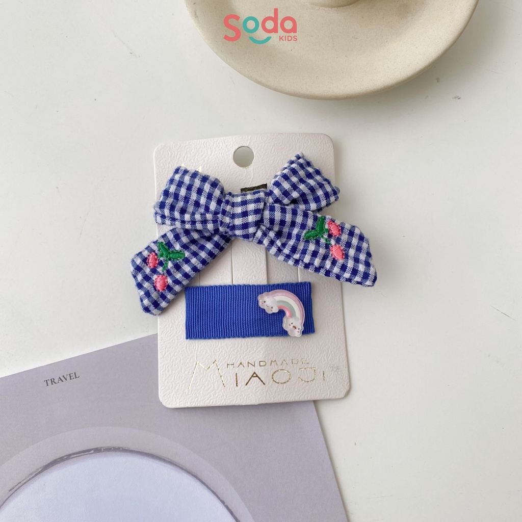 Kẹp tóc cho bé gái SODA KIDS kèm dây chun buộc tóc họa tiết caro và hoa quả dễ thương