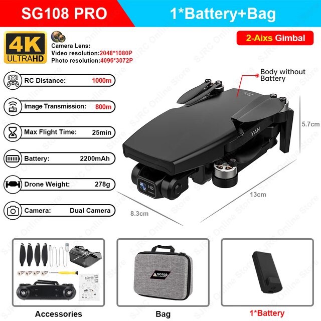Flycam SG108 Pro GPS Máy Bay Camera 4K Chống Rung 2 Trục, Tầm Xa 1000M Bay 20 Phút, Động Cơ Không Chổi Than Mạnh Mẽ