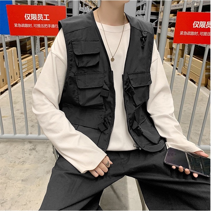 [sale xả kho] Áo ghi lê dù màu đen unisex khóa cài nhựa phong cách Hàn Quốc Quảng Châu w510 Pon.mens hà nội hcm