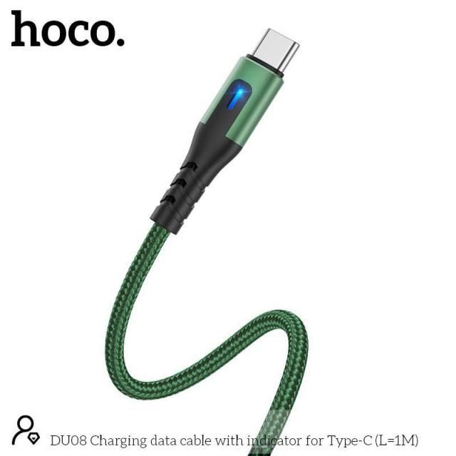 Cáp sạc Hoco DU08/DU08 Plus Type-C USB, hỗ trợ sạc nhanh 2.4A, dây bọc dù chống đứt, gập, có đèn LED báo sạc dài 1m/2m