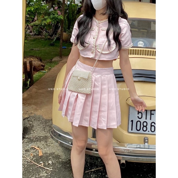 Set váy bố mềm hồng pastel áo croptop và chân váy xếp ly