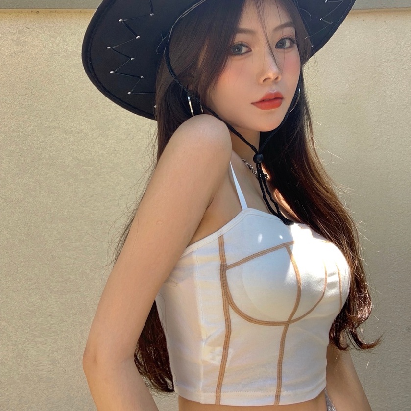 Áo hai dây dệt kim ZHELIHANGFEI dáng ngắn có đệm ngực phong cách gợi cảm