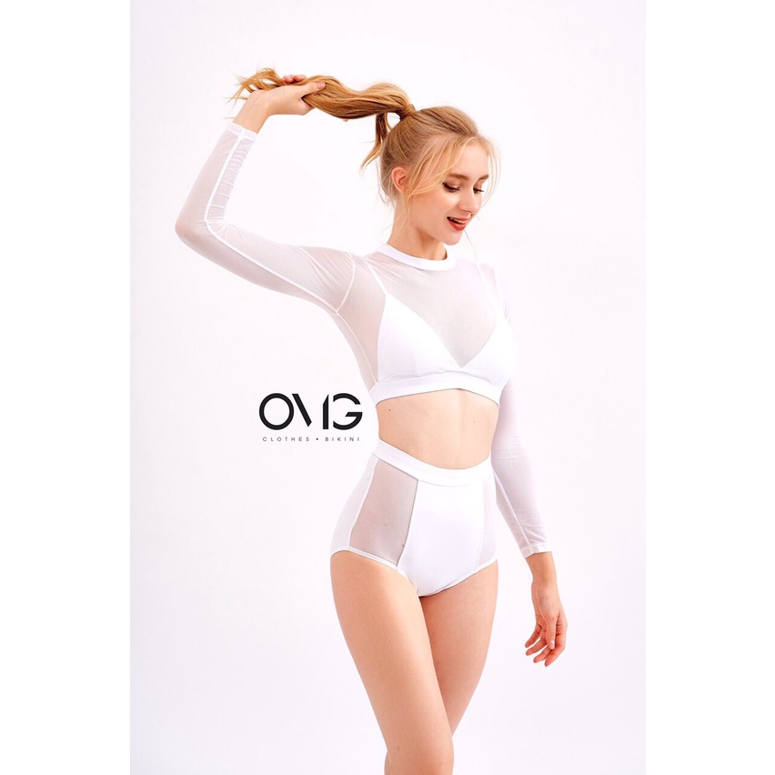 Bikini bộ bơi tay dài phối lưới thời thượng (Đen và trắng) EVA TDL