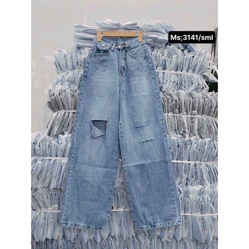 Baggy Jeans Ống Suông Túi Nắp Rách 3 Line