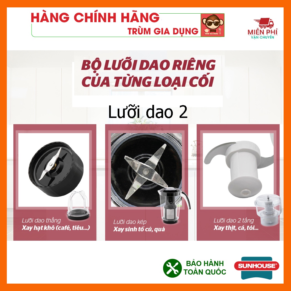 Phụ kiện máy xay sinh tố Sunhouse SHD5112, SHD5323, cối to nhỏ đầy đủ, gioăng cao su và lưỡi dao