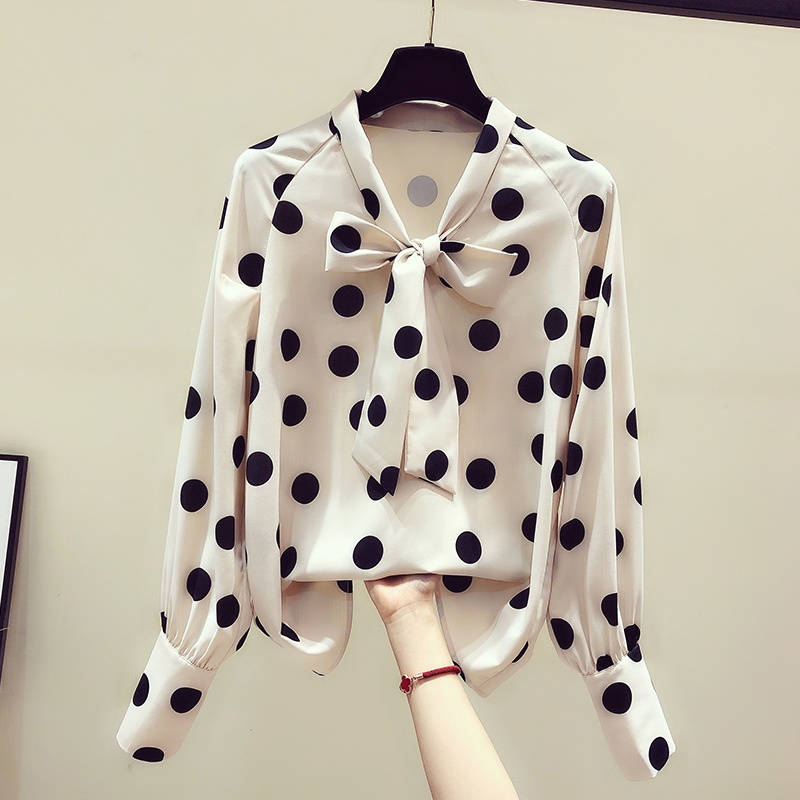 Áo Sơ Mi Chiffon Dáng Rộng Cổ Thắt Nơ Họa Tiết Chấm Bi Phong Cách Retro Phương Tây Cho Nữ