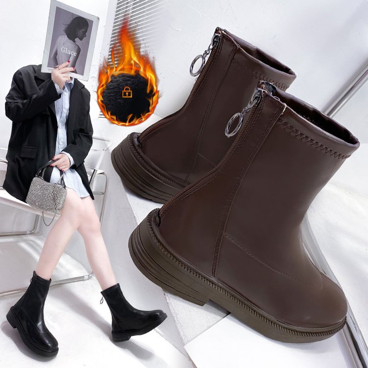 Giày bốt martin ống thấp mũi tròn phối khóa kéo thời trang cho nữ | BigBuy360 - bigbuy360.vn