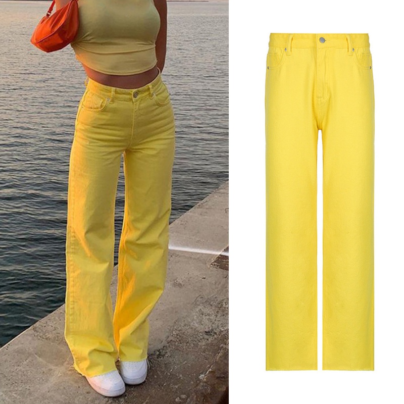 Quần jean lưng cao ống rộng màu sắc vintage dành cho nữ