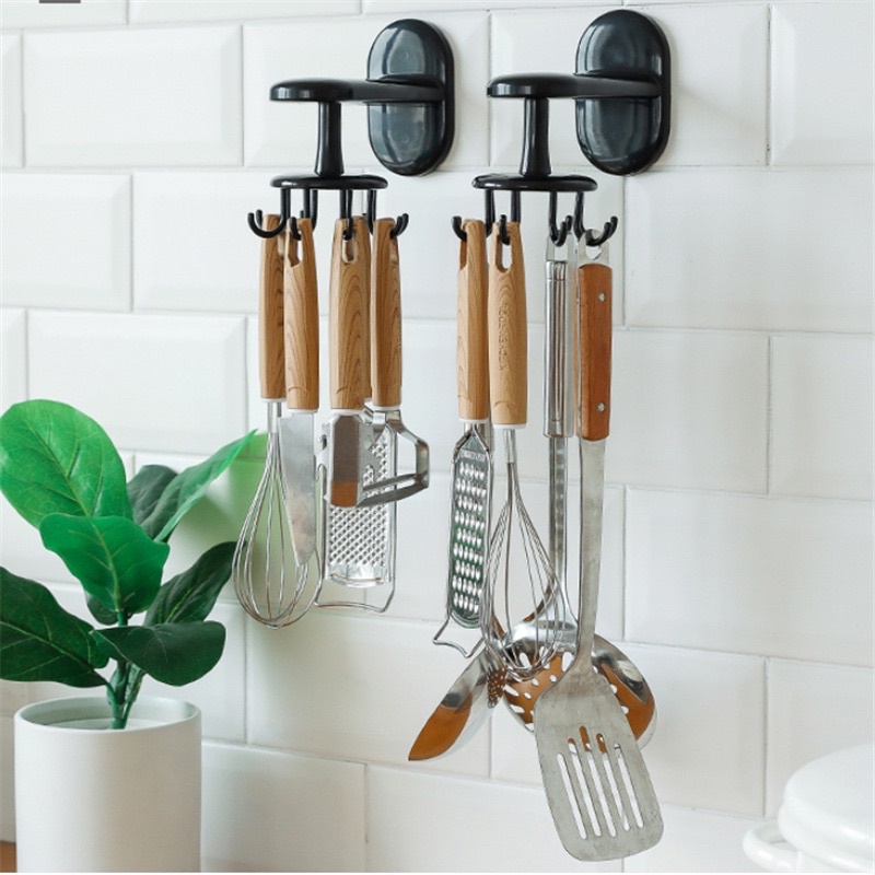 Móc treo đồ dùng nhà bếp, nhà tắm đa năng dán tường gồm 8 MÓC xoay 360 độ LOẠI DÀY XỊN- Móc dán tường nhà bếp 8 móc xoay