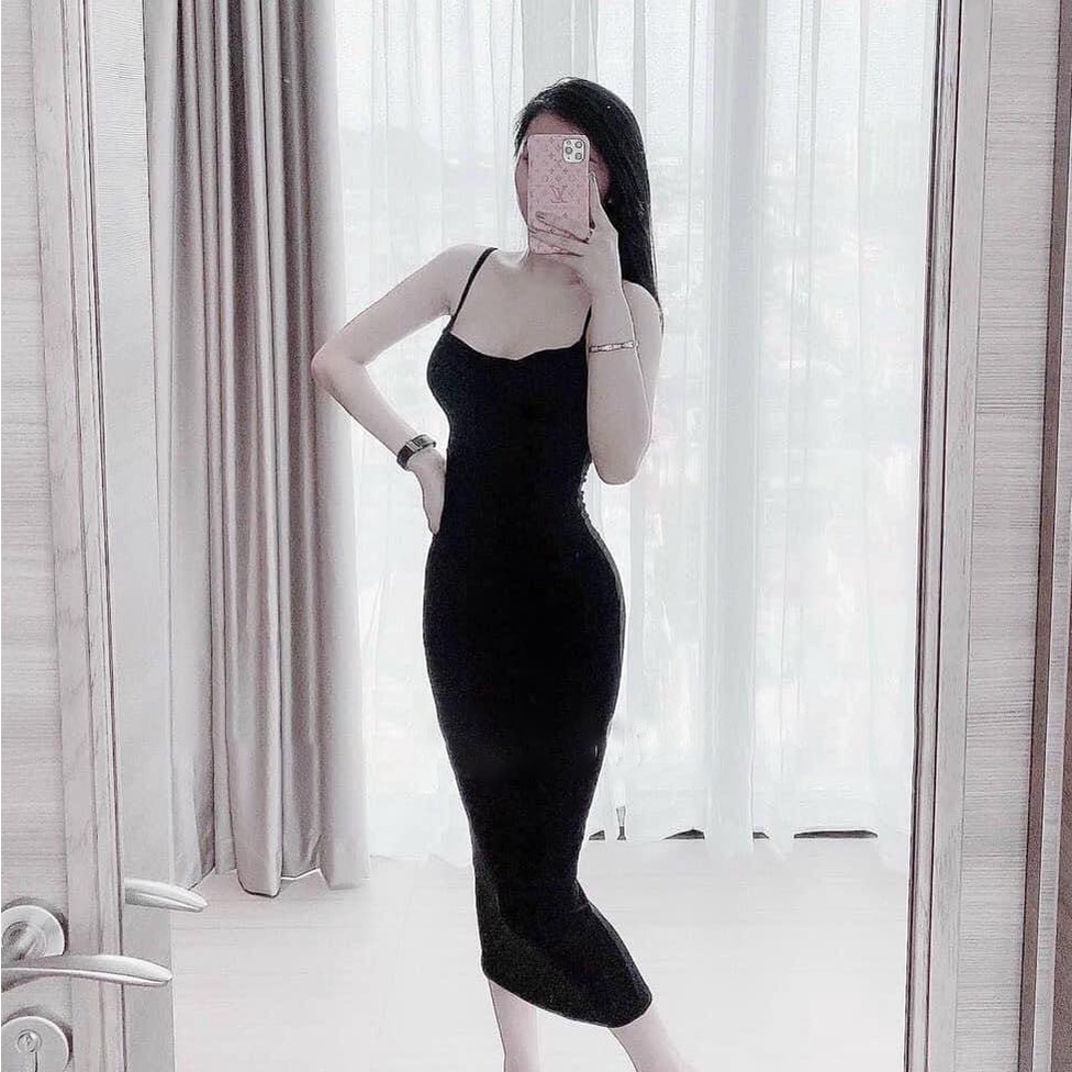 Váy body 2 dây dáng dài, đầm body 2 dây dáng ôm thun gân co giãn ngắn V065