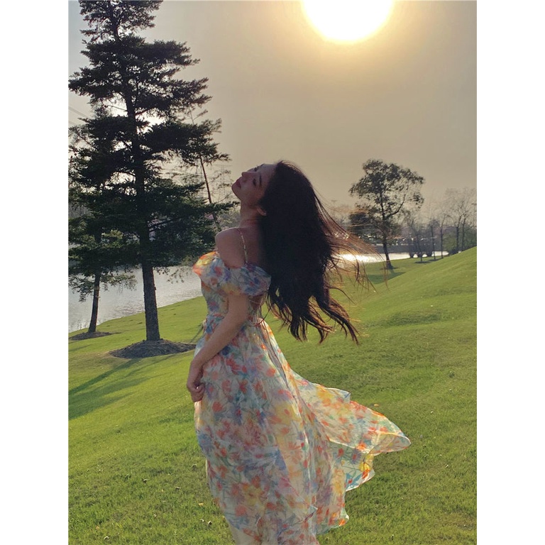 Đầm Hoa Hai Dây Hở Lưng Thời Trang Mùa Hè Cho Nữ