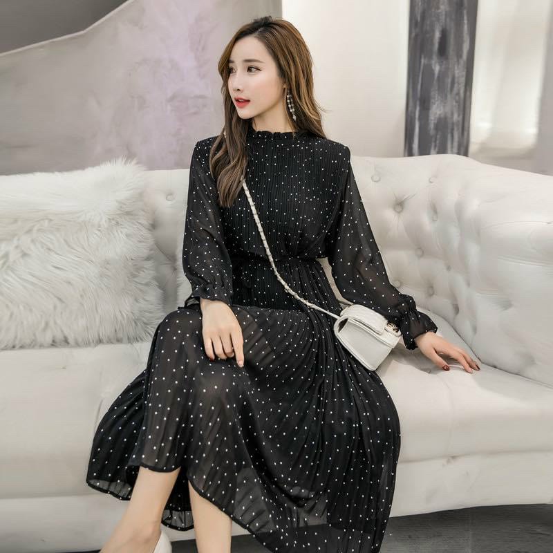 Đầm bầu thu đông suông dáng dài xếp li váy bầu công sở