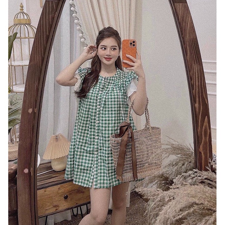 Đầm nữ babydoll caro xanh cổ tròn Váy tay cánh tiên phối ren cài nút siêu dễ thương