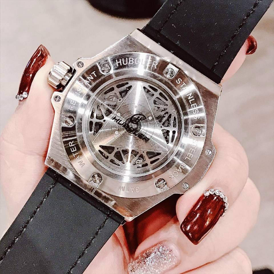 Đồng Hồ Huboler Nam Mặt Nhện Đính Đá Dây Silicon Đen Silver