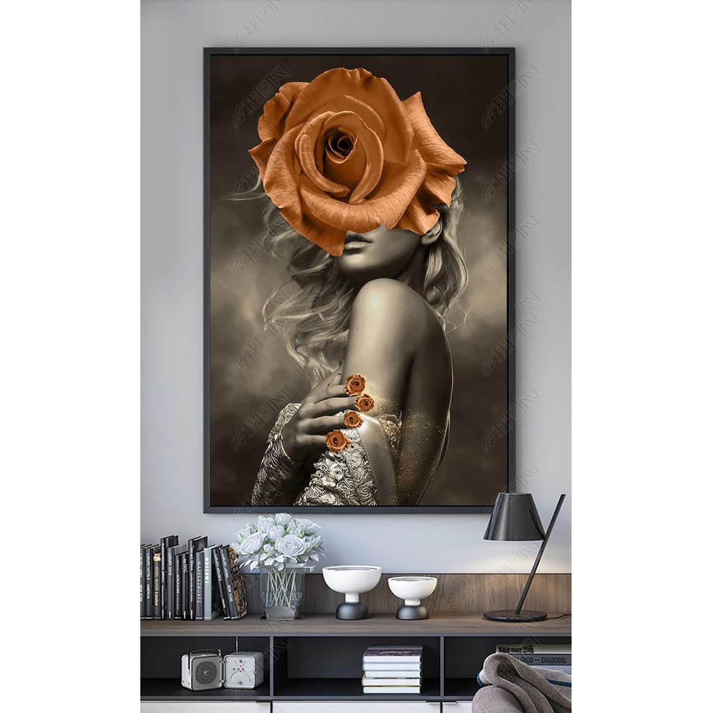 Tranh treo tường tự chọn HD Cô gái đội hoa nghệ thuật hiện đại HVIP 601 KT 40 x 60 cm