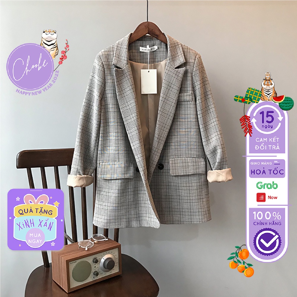 Áo blazer nữ Choobe hai lớp dài tay vest kẻ caro cao cấp form suông Hàn Quốc BL01