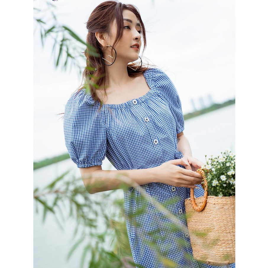 Đầm xòe đuôi cá cổ vuông, chun vai và ống tay Emspo DM4086