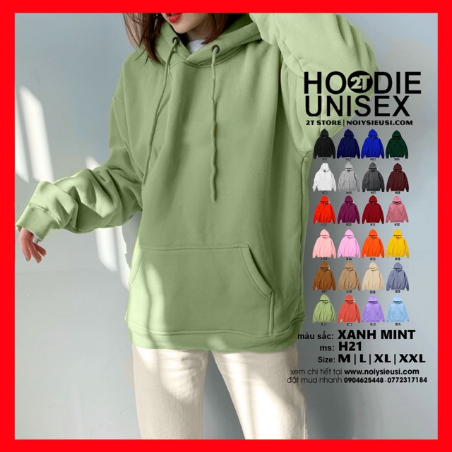 Áo hoodie unisex 2T Store H21 Xanh Mint Bạc Hà - Áo khoác nỉ bông chui đầu nam nón 2 lớp dày dặn chất lượng đẹp