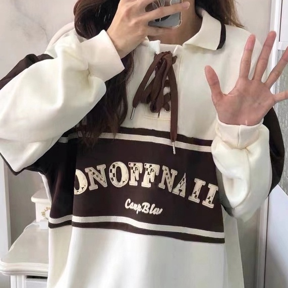 ZHELIHANGFEI Áo Sweater Tay Dài Cổ POLO Buộc Dây Kiểu Retro Nhật Bản Dễ Phối Đồ