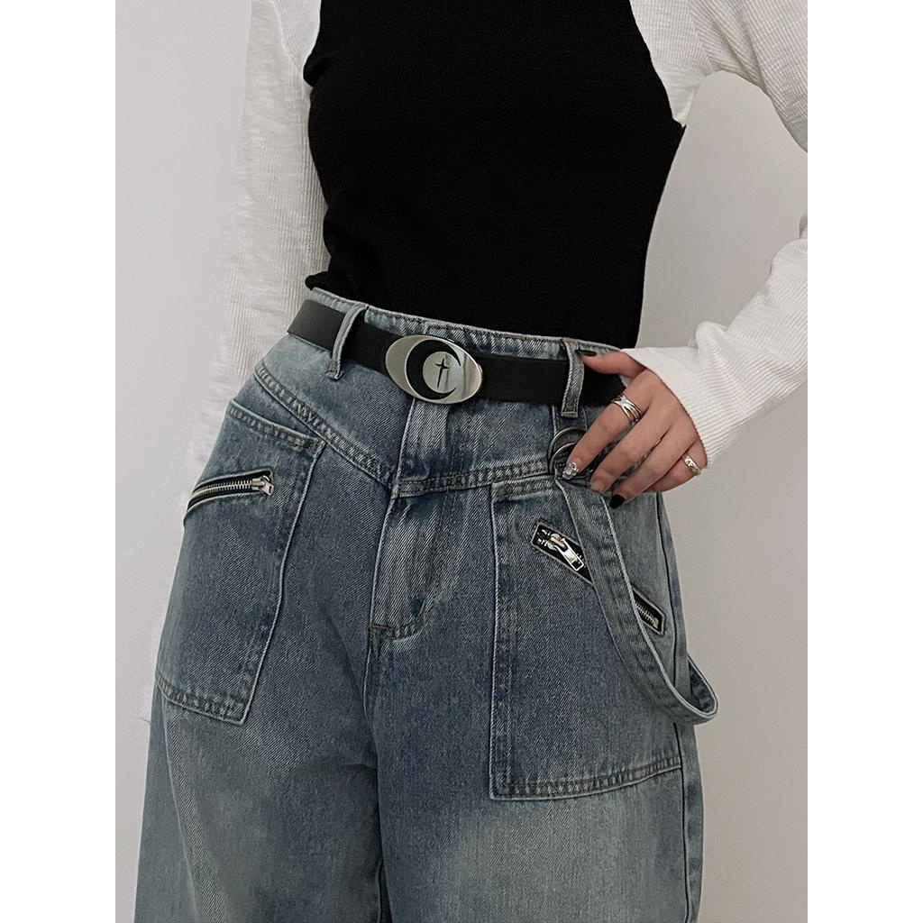 Thắt Lưng Màu Đen Đính Nút Chéo Phong Cách Vintage Hàn Quốc Thời Trang Cho Nam Nữ