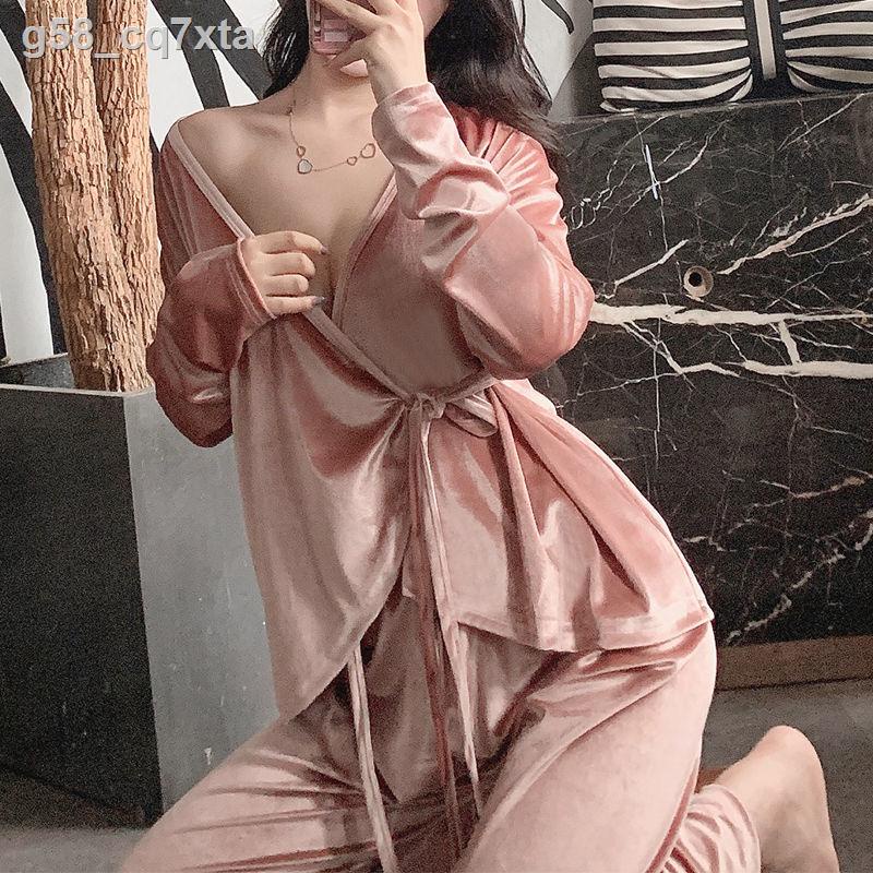 Bộ đồ ngủ nhung vàng nữ sinh thu đông Nhật Bản kimono sexy công chúa dễ thương gió mỏng mùa xuân và ph