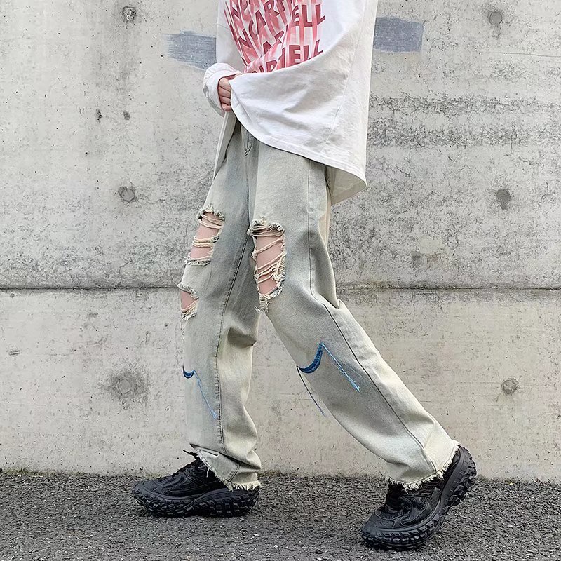 Quần Jeans Dài Rách Gối quần ống suông Thời Trang quần jean ống suông Dành quần baggy nữ quần jeans from rộng quần jean nam rách gối phong cách Hàn Quốc quần bò suông