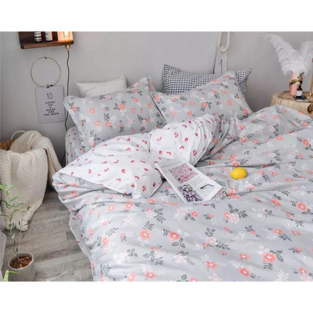 Bộ chăn ga giường cotton poly hoa nhí xám Suhali Shop, vỏ chăn mền, drap nệm và 2 vỏ gối