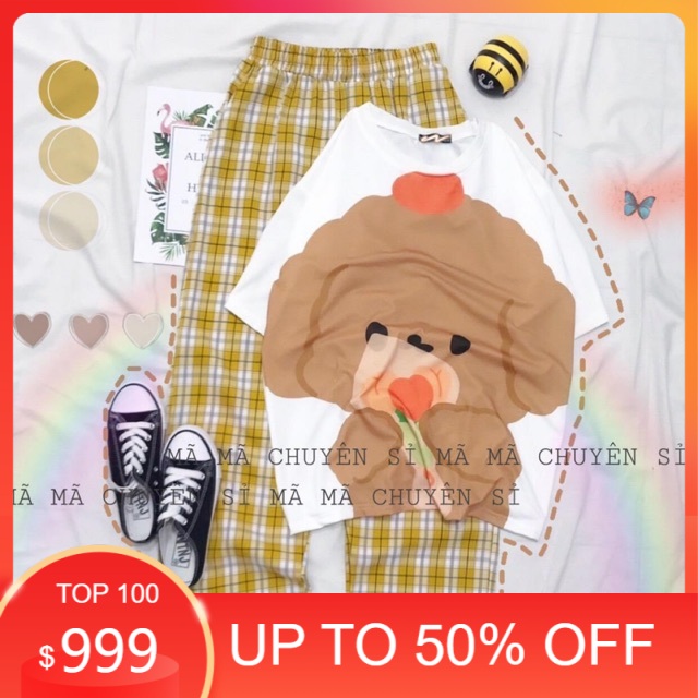 Sét áo 3D + quần kẻ vàng tươi , áo thun, áo dài tay, sét bộ mặc ở nhà  PANI MODY