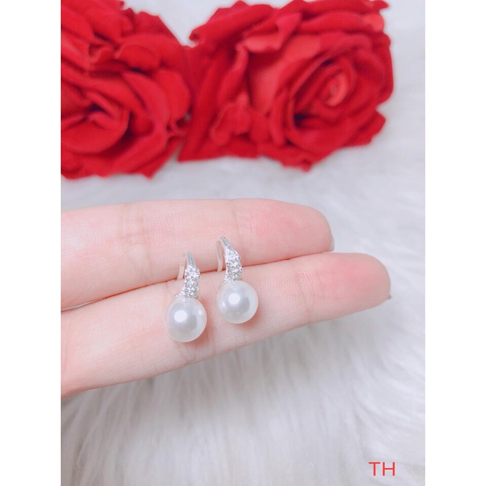 BÔNG TAI NỮ BẠC TA GẮN ĐÁ NHỎ HẠT CHÂU 8LY - KHUYÊN TAI BIBI SILVER - BBS