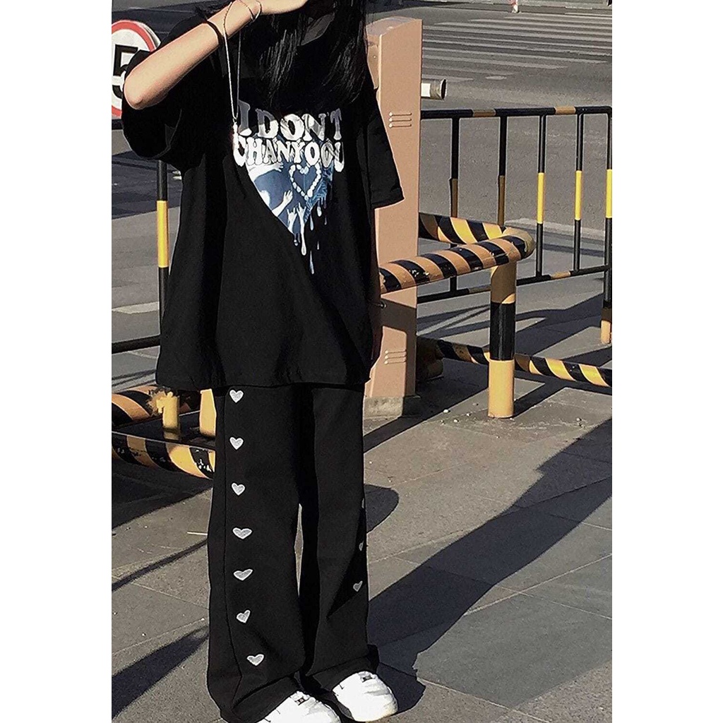 Quần Dài Ống Rộng Lưng Cao In Họa Tiết Trái Tim Phong Cách Hàn Quốc Thời Trang Mùa Xuân Mới Cho Nữ