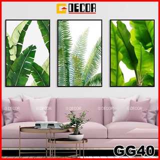 Tranh treo tường canvas khung gỗ 3 bức hiện đại, tranh lá cây trang trí phòng khách phòng ngủ spa 40