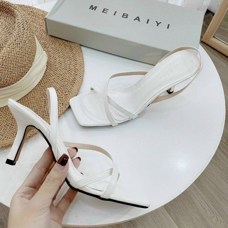 Giày Cao Gót Nữ Màu Trắng &amp; Đen 5P Đế Nhọn Quai Chéo hot 2021- mã B007