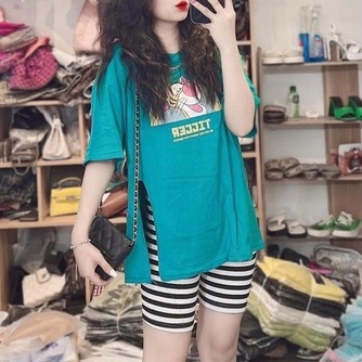 Đồ bộ nữ, set đồ bộ quần sọc ngố thun gân và áo thun cotton ngắn tay form rộng freesize xẻ tà in hình cute, đồ mặc nhà