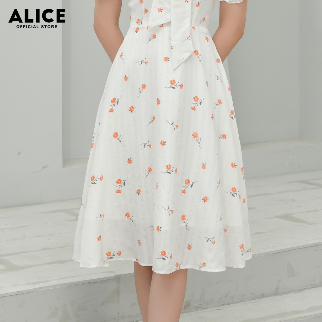 Đầm Trắng Thiết Kế Đẹp ALICE Dáng Xòe Cổ Chữ V Thắt Nơ Tay Bồng Chun Gấu Tay Họa Tiết Hoa Nhí V684 | BigBuy360 - bigbuy360.vn