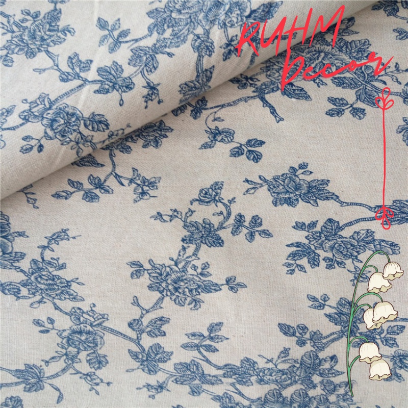 Vải canvas trải bàn, may túi rèm, chụp ảnh sản phẩm họa tiết Hoa vintage xanh blue V-B01