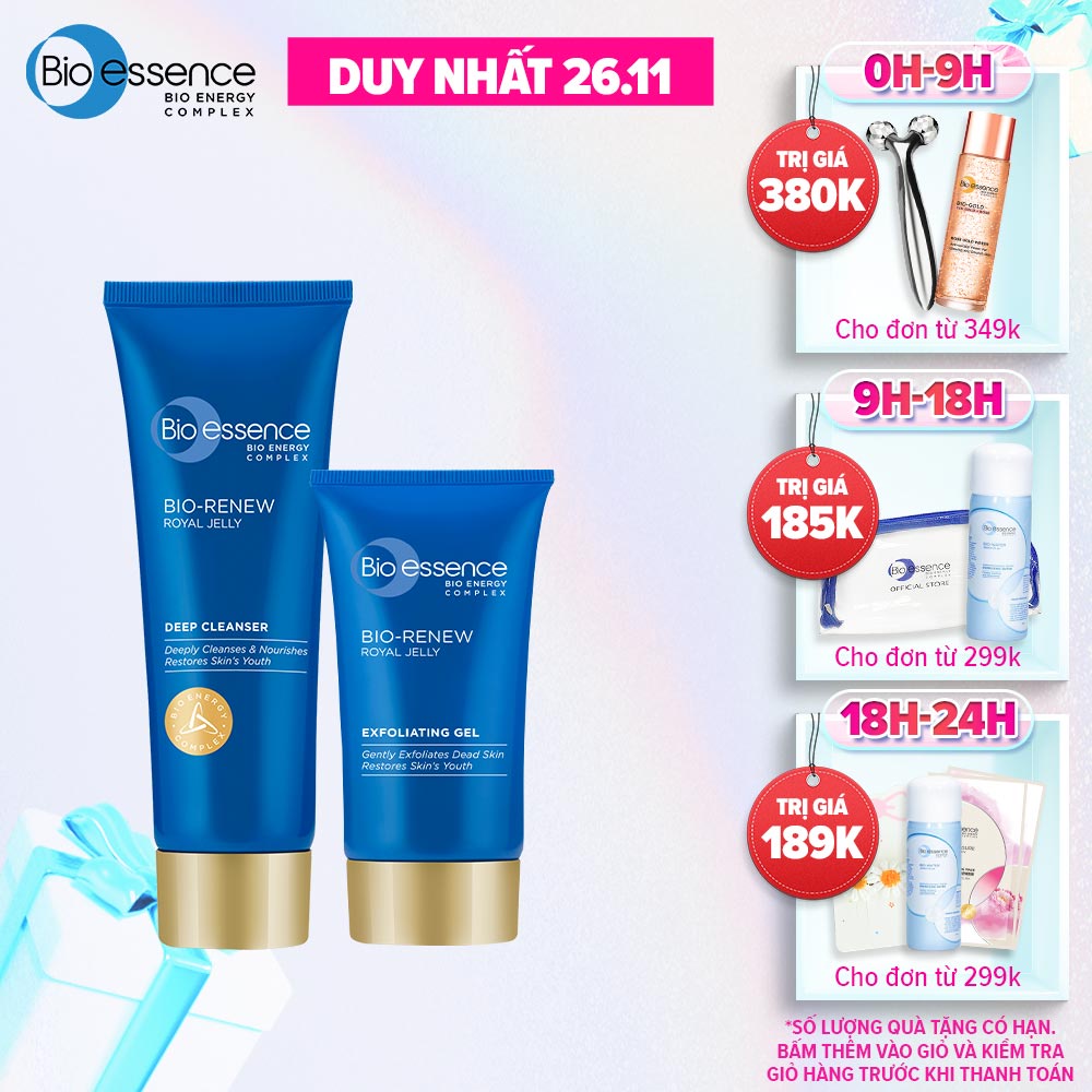Combo sạch da chuyên sâu BioEssence (Gel tẩy tế bào chết BioRenew 60gr+Sữa rửa mặt BioRenew tinh chất sữa ong chúa 100g)