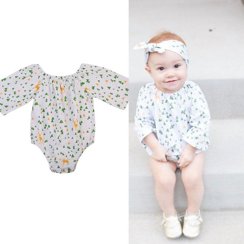 Bộ áo liền quần chất liệu cotton in hoạ tiết nai thời trang dành cho bé gái sơ sinh