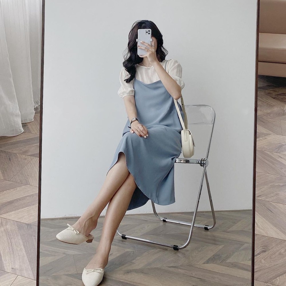 Set váy nữ dáng suông buộc dây eo - yếm kèm áo tay bồng Ulzzang S-Y | BigBuy360 - bigbuy360.vn