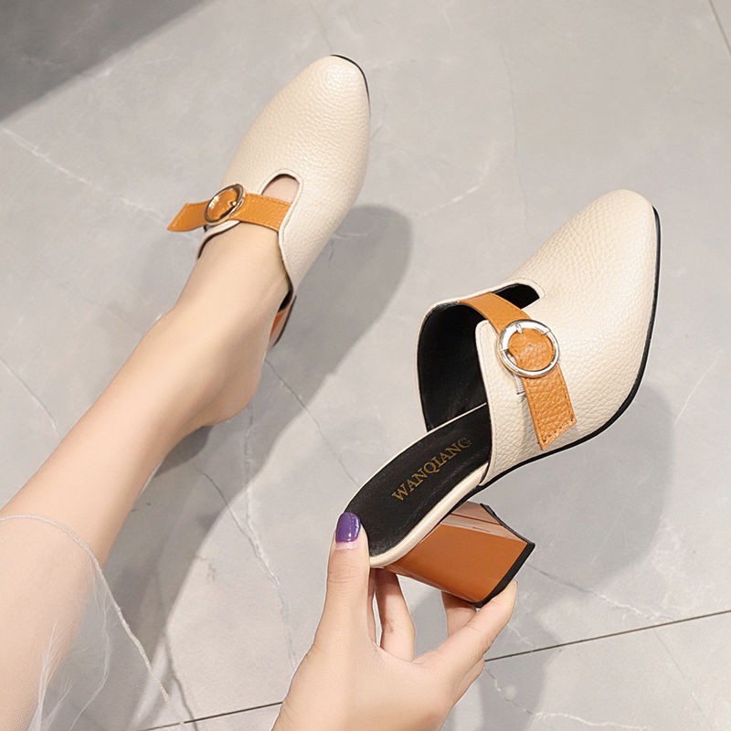 Dép cao gót nữ mùa hè 2021 phong cách mới Châu Âu dây đai thắt lưng giày Baotou và lê