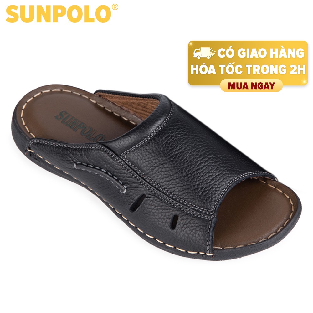 [Mã BMBAU50 giảm 7% đơn 99K] Dép Quai Ngang Nam Da Bò SUNPOLO Đen Nâu - D25NEW
