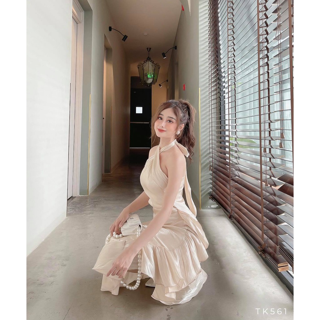 [HÀNG THIẾT KẾ CAO CẤP] Đầm Maxi Cổ Yếm Chất Orangza Tôn Dáng Màu Nude Đi Tiệc Sang Trọng