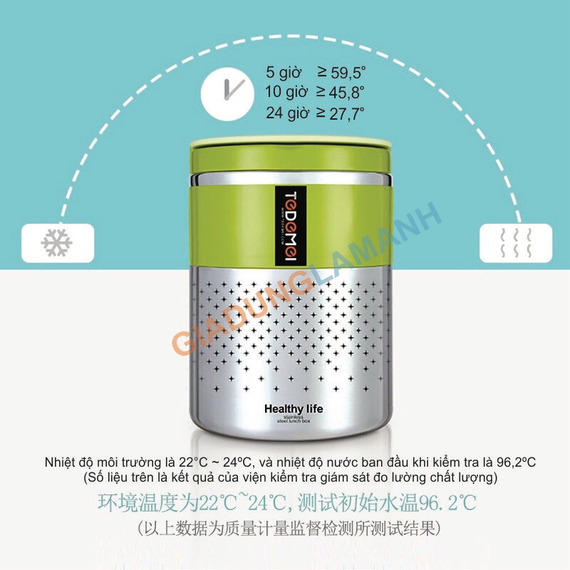 Hộp cơm giữ nhiệt 2 tầng 2 khay TEDEMEI, cà men đựng cơm, cặp lồng ủ nóng 6-8 tiếng