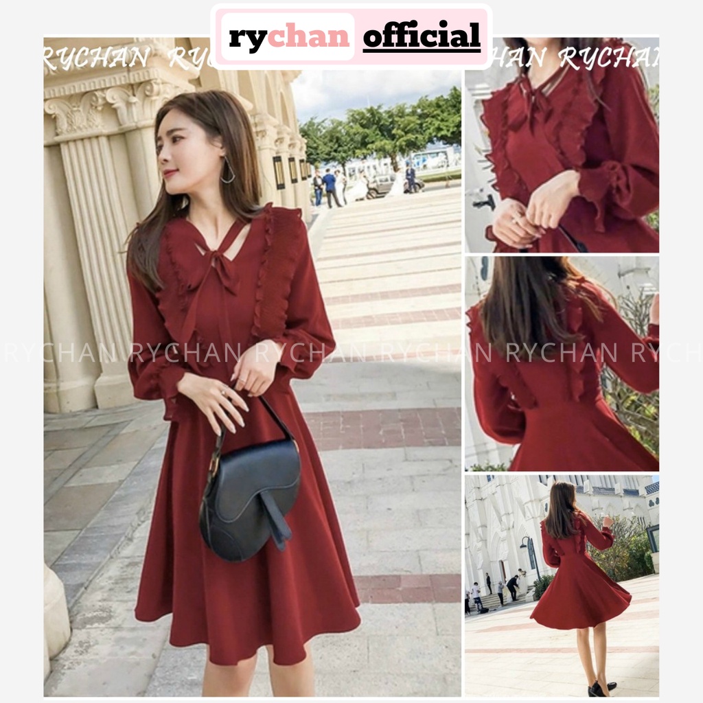 Đầm Xòe Đỏ Rượu Nơ Cổ Tay Dài - DX943