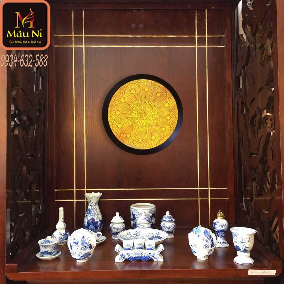 Đèn hào quang để bàn thờ mẹ quan âm MÂU NI in tranh trúc chỉ 198 để sau làm tượng phật