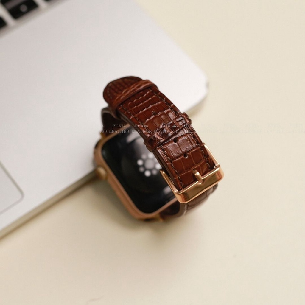 Dây da cá sấu thủ công khâu máy nâu cafe dành cho Apple Watch, đồng hồ thông minh, đồng hồ cơ